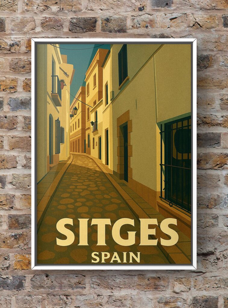 Vintage Sitges Spain Old Town Street Poster – Travel Art Print
