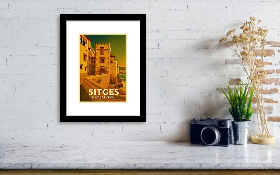 Sitges, Catalonia in Spain Vintage Poster - Coastal Fortress and Historic Walls framed print by Sitges Posters