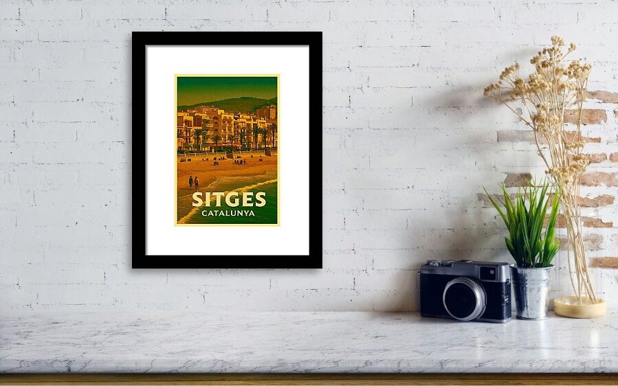Sitges Catalonia Spain Vintage Poster - Panoramic Beach and Town Skyline Framed Print
