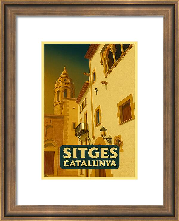 Sitges Catalonia Vintage Poster - Palau de Maricel Sala Vaixells Coastal View Framed Print