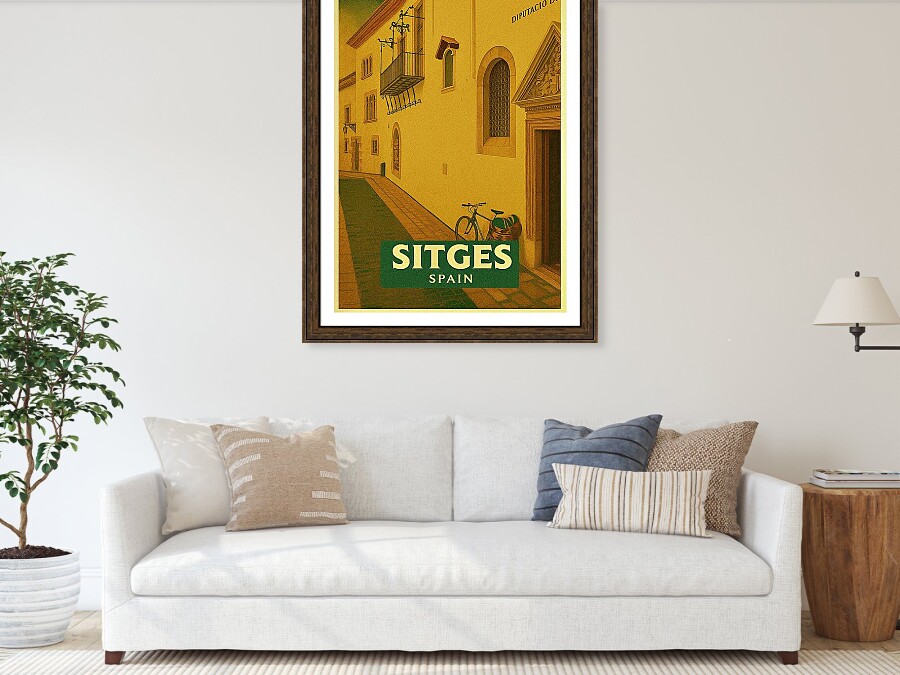 Vintage Sitges Street Scene Poster Bicycle And Classic Architecture Quiet Street in Sitges Spain