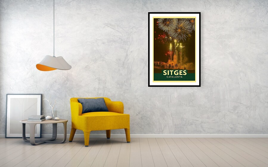 Sitges Catalonia Spain Vintage Poster - Explosive Fireworks Over La Punta Church framed print by Sitges Posters.